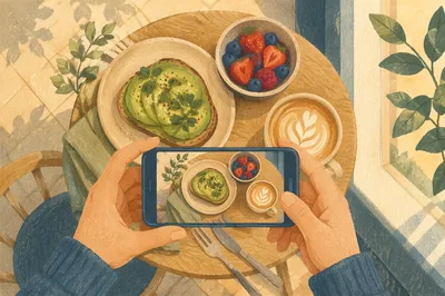 Overhead Brunch Photo with Hands and Phone