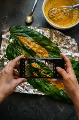 Hands Photographing Spiced Leaves on Foil