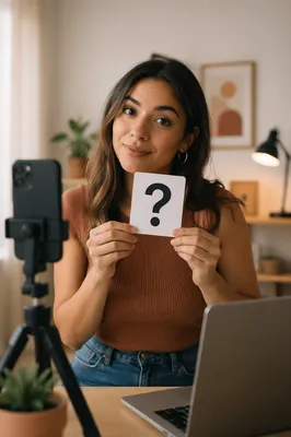 Woman Holding Question Mark Card Indoors