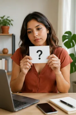 Woman Holding Question Mark Card Indoors
