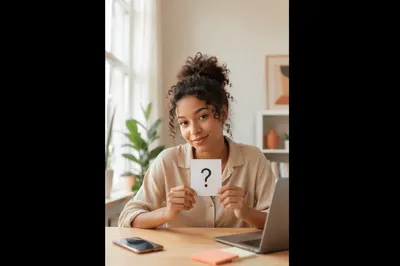 Woman Holding Question Mark Card at Desk
