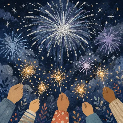 Hands Holding Sparklers Under Fireworks