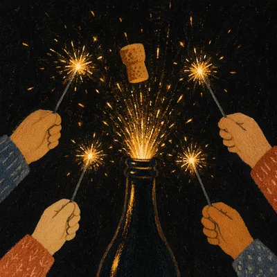 Golden Sparkler Celebration Around Popping Cork