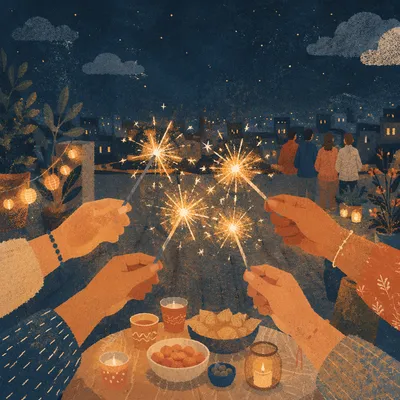 Joyful Sparkler Celebration on Rooftop Night