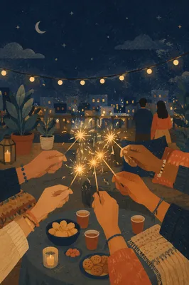 Hands Holding Sparklers on Rooftop Night