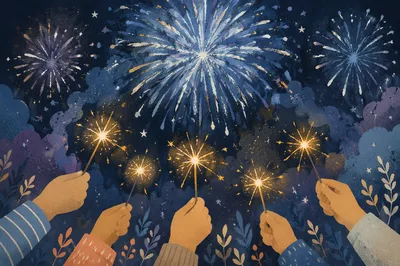 Hands Holding Sparklers Under Fireworks