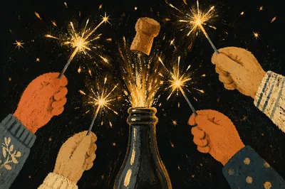 Golden Sparklers Around Celebration Bottle at Night