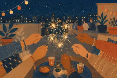 Joyful Sparklers Celebration on Rooftop Night