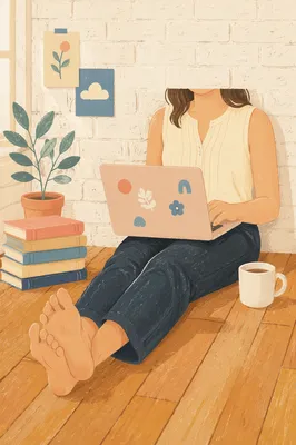 Cozy Blogger Typing on Pastel Laptop