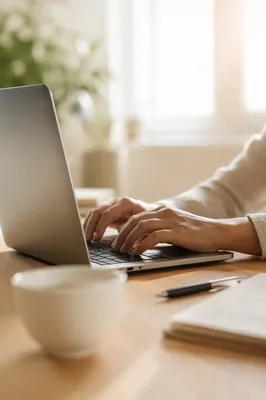 Content Creator Typing at Warm Desk