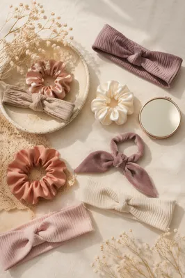 Blush Headbands and Scrunchies Flat Lay