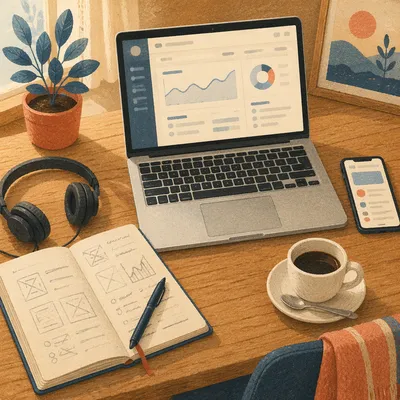 Warm Creative Desk With Headphones and Coffee