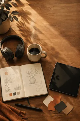 Headphones and Coffee Creative Desk Flat Lay