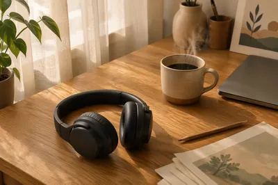 Cozy Headphones and Coffee Desk Scene