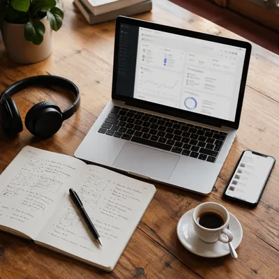 Creative Desk Workspace with Headphones and Coffee