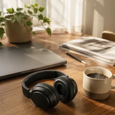 Cozy Headphones and Coffee Workspace Scene