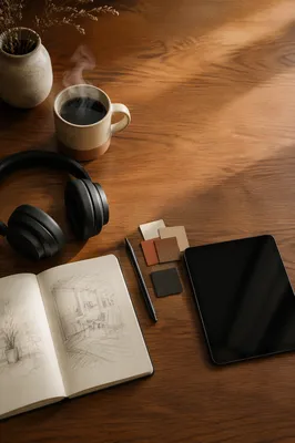 Headphones and Coffee Creative Desk Flat Lay