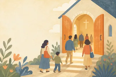 Warm Sunday Church Invitation Entrance Scene