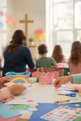 Colorful Kids Craft Table in Church Room