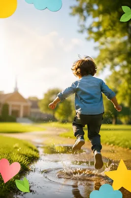 Child Jumping into Puddle on Lawn