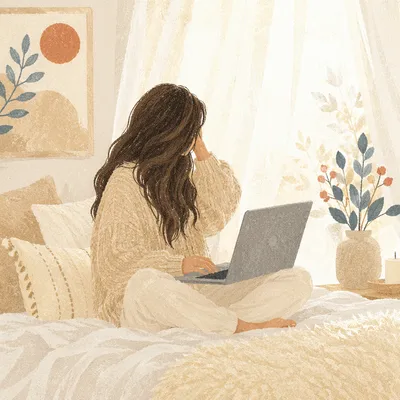 Cozy Morning Laptop Work on White Bed