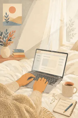 Cozy Laptop Workspace on White Bed