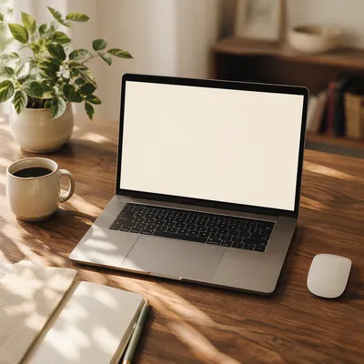 Laptop Screen Mockup on Wooden Desk