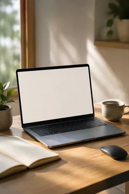 Blank Laptop Mockup on Wooden Desk