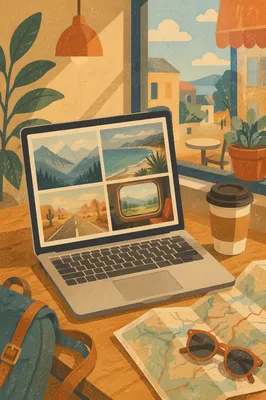 Laptop Travel Inspiration on Sunlit Cafe Table