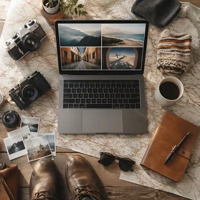 Wanderlust Travel Planning Laptop Flat Lay