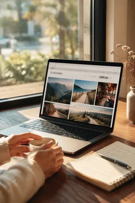 Laptop with Travel Photos and Wanderlust Mood