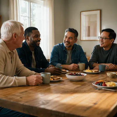 Men Sharing Breakfast in Bright Dining Room