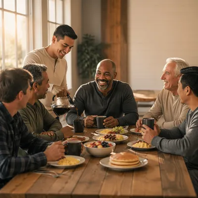Men Sharing Breakfast Around Wooden Table