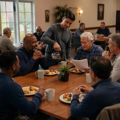 Men Sharing Breakfast in Community Hall
