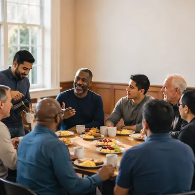 Men Sharing Breakfast in Community Hall
