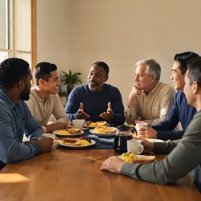 Men Sharing Breakfast in Community Hall