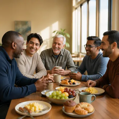Five Men Sharing Breakfast in Community Hall