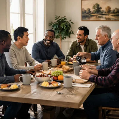 Men Sharing Breakfast Around Wooden Table