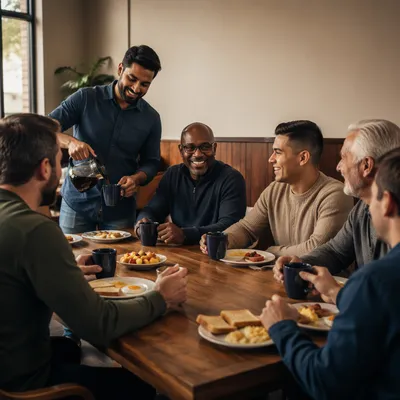 Men Sharing Breakfast in Cozy Cafe
