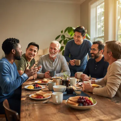 Men Sharing Breakfast in Sunlit Dining Room