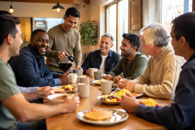 Men Sharing Breakfast in Bright Cafe