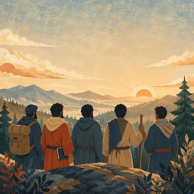 Men on Hilltop at Sunrise