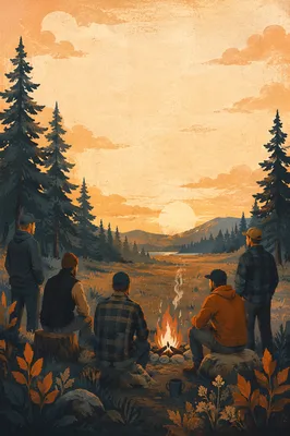Men Around Campfire at Golden Hour