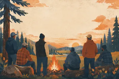 Men Gathering Around Campfire at Sunset