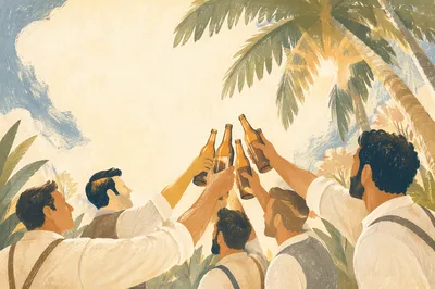 Men Toasting Bottles Under Palm Trees