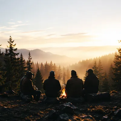 Men Around Campfire in Pine Clearing
