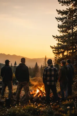 Men Around Campfire at Golden Hour