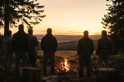 Men Around Campfire at Golden Hour