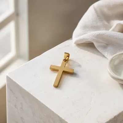 Minimalist Gold Cross on White Pedestal