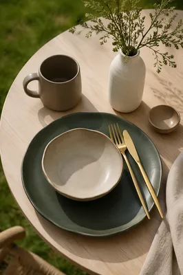 Minimalist Outdoor Table Setting with Gold Flatware